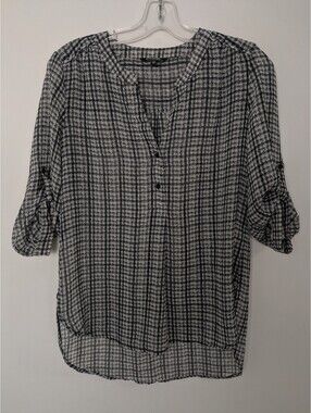 George Black White Plaid Roll Tab Sleeve Henley Blouse Tunic Top Small S